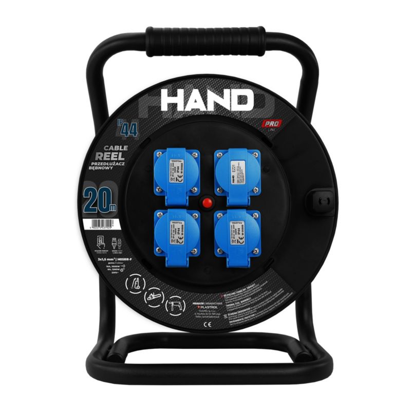 Przedłużacz bębnowy budowlany Hand Pro 20 m 3 gniazda 2P+Z USB-A USB-C 3 x 1,5 mm² H05RR-F IP44 czarny 1 szt.