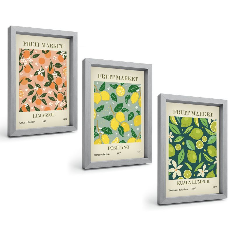 Zestaw Obrazów 3 Częściowy ArtPrintCave Srebrne Ramki 20x30 cm Dekoracja do Sypialni Owocowe wzory cytrusy kwiaty 1 kpl.