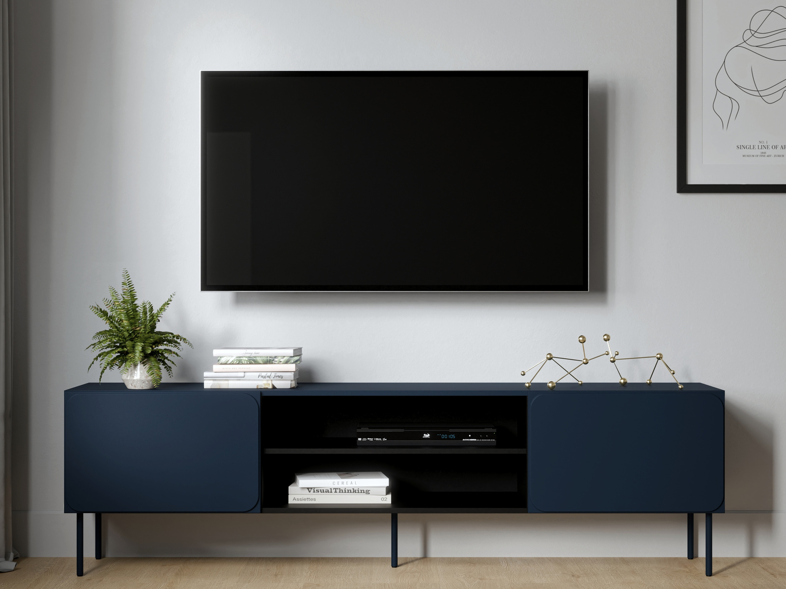 Szafka RTV 200 cm z półką na nóżkach do salonu RAVERO granatowa