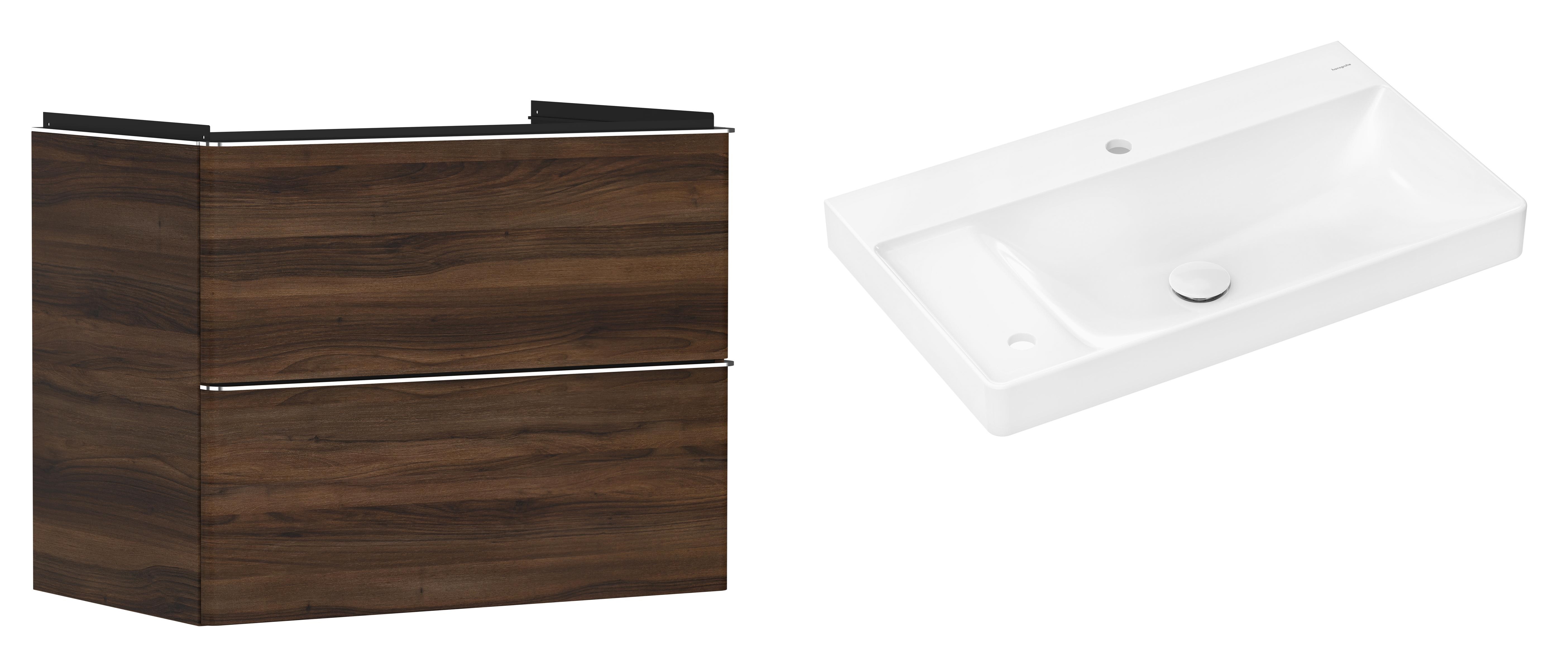 Hansgrohe Xelu Q szafka wisząca z umywalką 80x48 cm ciemny orzech/chrom/biały (54030000, 61031450)