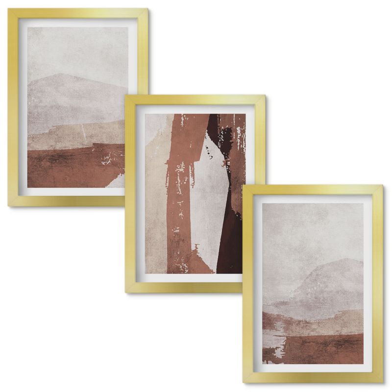 Obraz Ścienny Zestaw Wallfluent Wzory brąz beż abstrakcja Złota rama 20x30cm 3 szt.