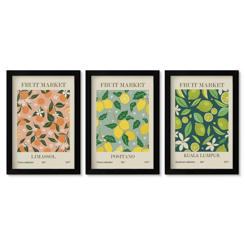 Komplet obrazów czarna rama Tulup 20x30 cm Owocowe wzory cytrusy kwiaty Stylowa galeria nad biurko 1 kpl
