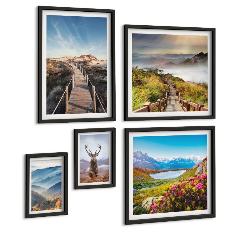 Zestaw 5 Obrazów ArtPrintCave (2x50x50+2x20x30+40x60cm) Czarna rama Górski krajobraz jezioro jeleń 1 kpl.