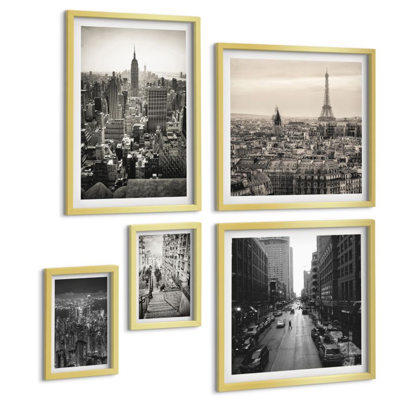 Zestaw Obrazów 5 Częściowy ArtPrintCave (2x50x50+2x20x30+40x60cm) Złota rama Zimowe pejzaże wodospady zorze 1 kpl.