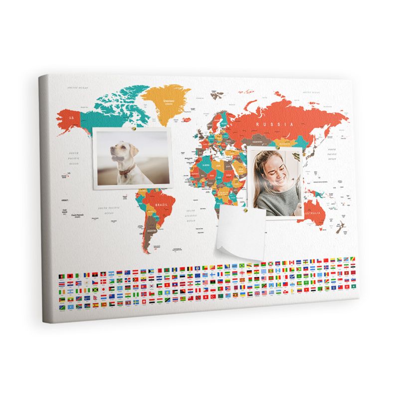 Organizer Ścienny Tablica Korkowa Na Płótnie Tulup 60x40 cm Kolorowa mapa świata Pinezki drewniane 1 kpl
