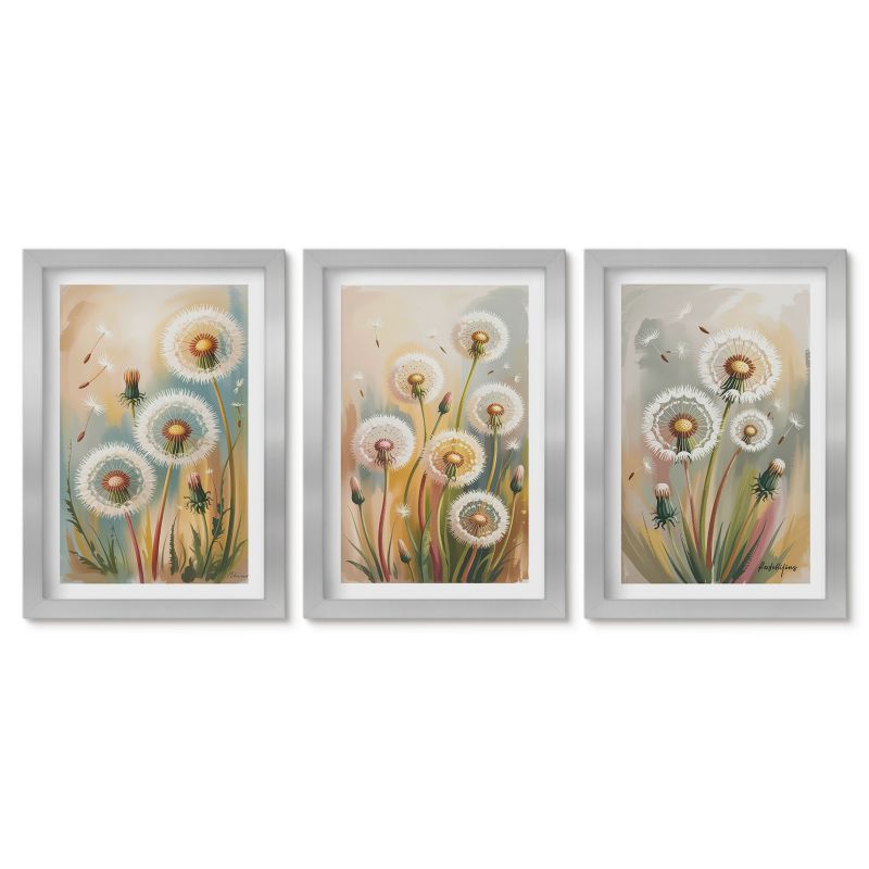 Zestaw 3 obrazów w srebrnej ramie Tulup 20x30 cm Kwiaty dmuchawców pastelowe trawy Stylowa galeria nad biurko 1 kpl