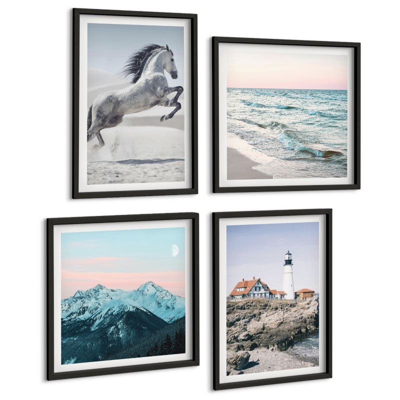 Zestaw Obrazów 4 Częściowy ArtPrintCave (2x50x50+2x40x60cm) Czarna rama Konie ruch plaża latarnia góry 1 kpl.