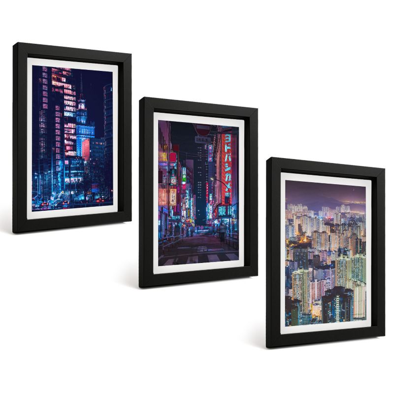 Zestaw 3 Obrazów w Czarnej Ramie ArtPrintCave 20x30 cm Galeria Ścienna Nocne miasto neonowe światła 1 kpl.
