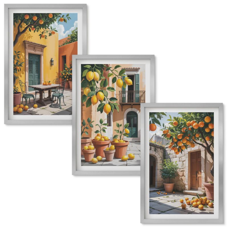 Obrazy Do Sypialni Wallfluent Owoce cytrusowe w ogrodzie Srebrna rama 40x60 cm 3 szt.