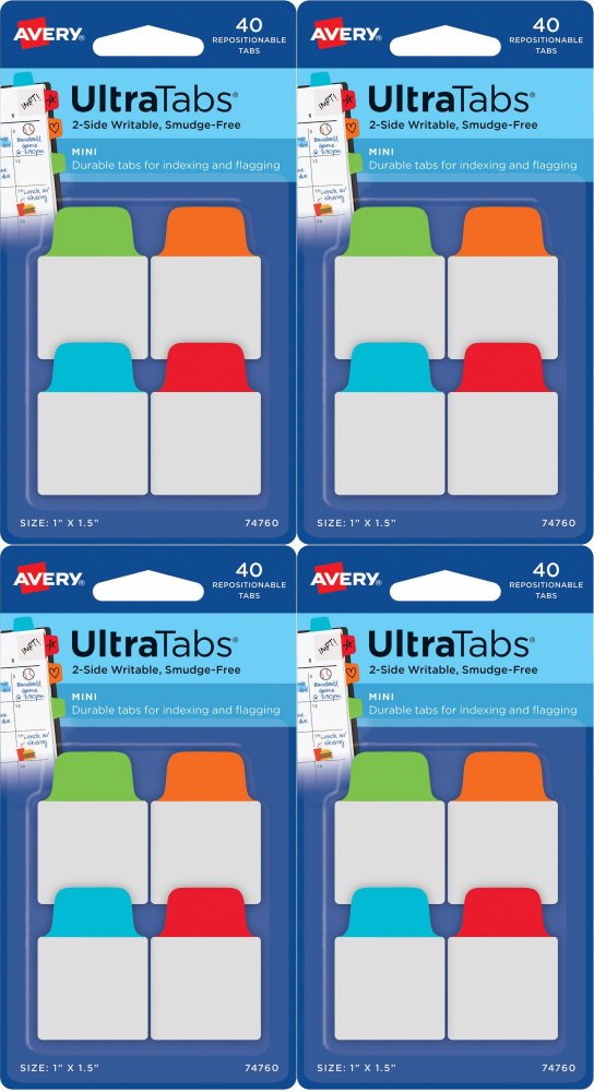 4x Zakładki samoprzylepne Avery Zweckform Ultra Tabs, indeksujące, 25.4x38, 40 sztuk, mix kolorów