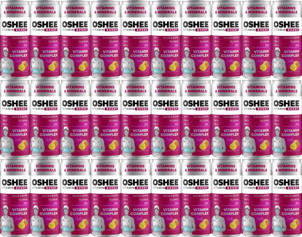 48x Napój gazowany Oshee Vitamin Boost, Witaminy + Minerały, pomarańcza/mango, puszka, 250ml, KAUCJA