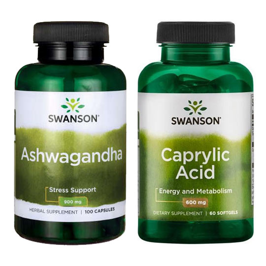 Swanson - zestaw: ashwagandha + caprylic acid - kwas kaprylowy