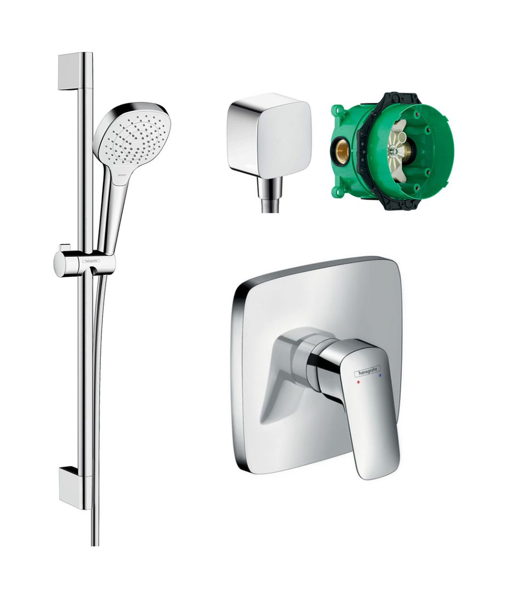 Zestaw Hansgrohe Logis bateria prysznicowa podtynkowa z kompletem natryskowym Croma i przyłączem FixFit chrom/biały (71605000, 01800180, ...