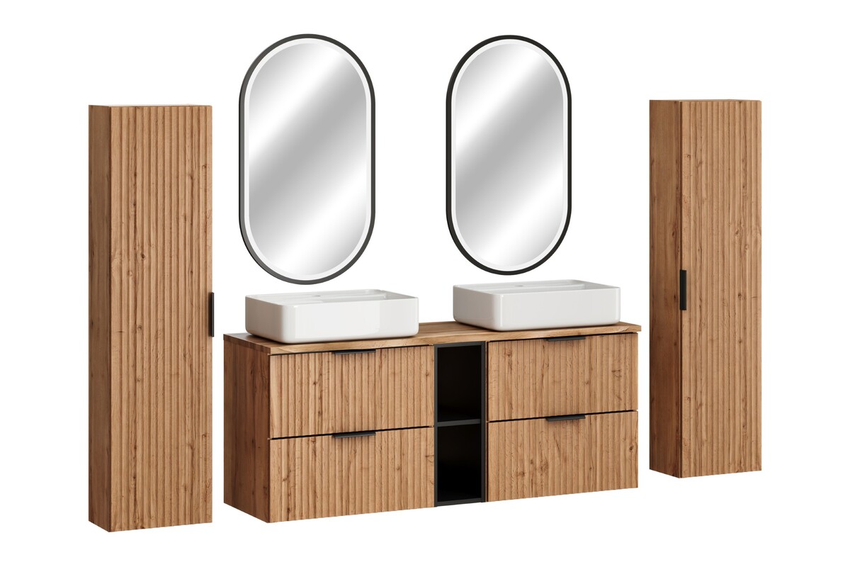 Zestaw Comad Adel Oak dwie szafki 60 cm podumywalkowe wiszące z blatem 120 cm, umywalki Magic 2 i dwie szafki boczne wysokie z lustrami ...