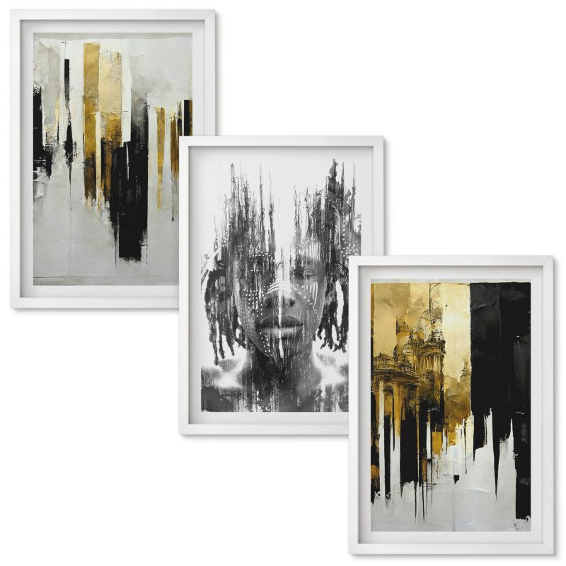 Zestaw Obrazów w Ramie Wallfluent Kontrastowe abstrakcje portretu Biała rama 40x60 cm 3 szt.