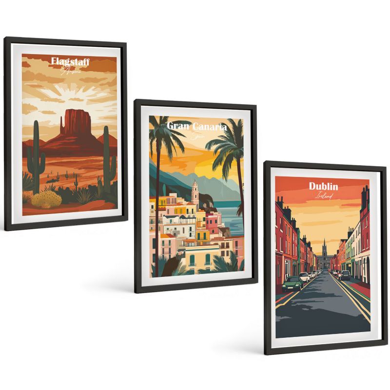 Komplet 3 Obrazów w Czarnej Ramie ArtPrintCave 40x60 cm Grafika Ścienna Krajobrazy miast przyrody 1 kpl.