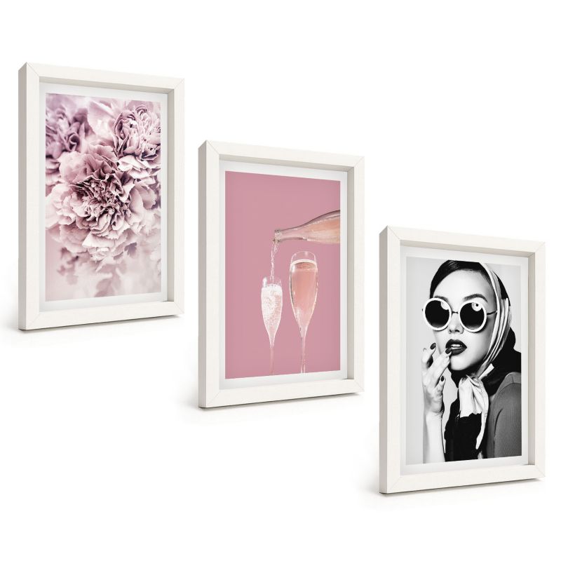 Galeria 3 Obrazów w Białej Ramie ArtPrintCave 20x30 cm Komplet ścienny Kwiaty róż i elegancka dama 1 kpl.