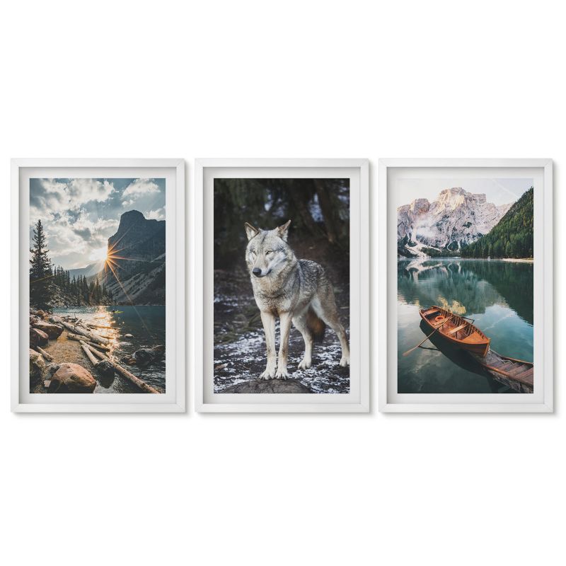 Zestaw 3 obrazów w białej ramie Tulup 40x60 cm Góry jeziora wilk natura Obrazy w białej ramie 1 kpl