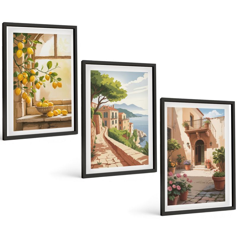 Zestaw Obrazów 3 Częściowy ArtPrintCave Czarne Ramki 40x60 cm Dekoracja do Sypialni Owoce cytrusowe 1 kpl.