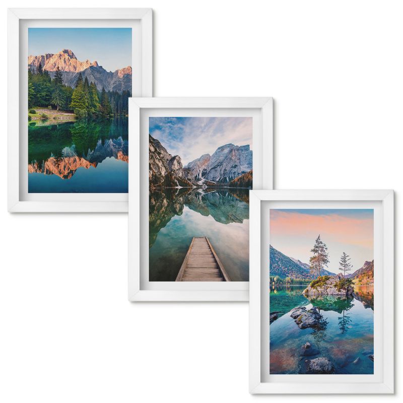 Tryptyk w Ramie Wallfluent Górskie jeziora odbicie las Biała rama 20x30cm 3 szt.