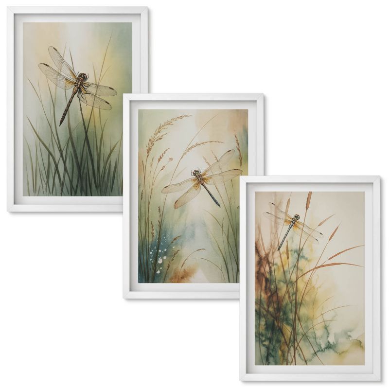 Obraz Ścienny Zestaw Wallfluent Trawy ważki nad wodą Biała rama 40x60 cm 3 szt.