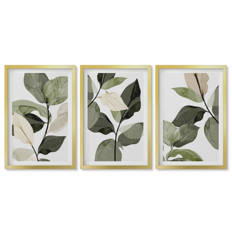 Trzy obrazy w złotej ramie zestaw Tulup 40x60 cm Malowane liście roślin boho Dekoracja ścienna do przedpokoju 1 kpl