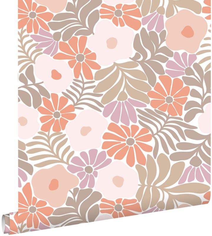Tapeta ESTAhome kwiaty w stylu Matissa pomarańczowym,fioletowymIjasnego różu 50 x 900 cm - 1 rol.