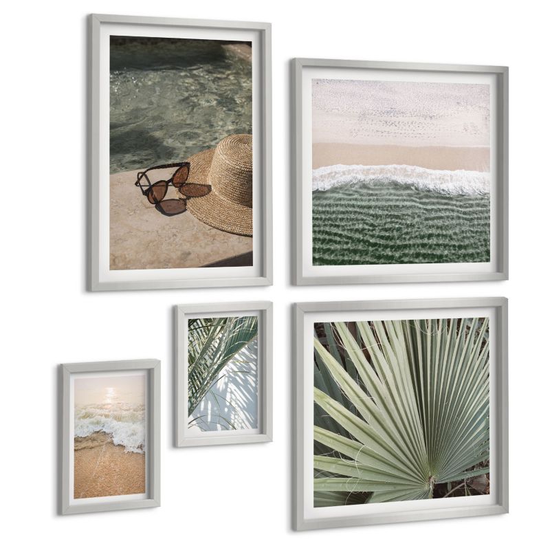 Zestaw 5 Obrazów ArtPrintCave (2x50x50+2x20x30+40x60cm) Srebrna rama Woda plaża kapelusz okulary 1 kpl.