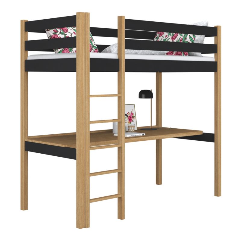 Drewniane łóżko N-WOOD na antresoli z biurkiem N05 czarno dębowy 100x190 1szt.