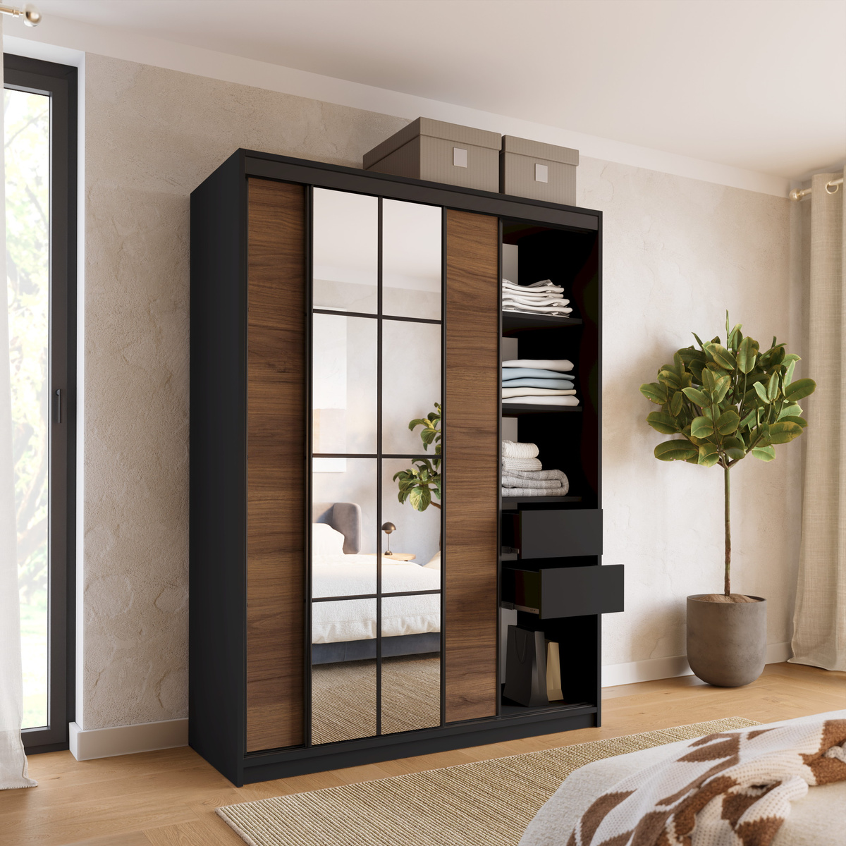 Szafa przesuwna z lustrem 150 cm do sypialni EDGE orzech