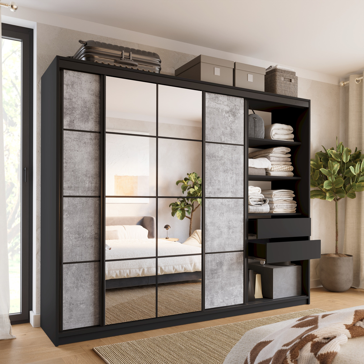 Pojemna szafa przesuwna 250 cm z lustrem do sypialni EDGE