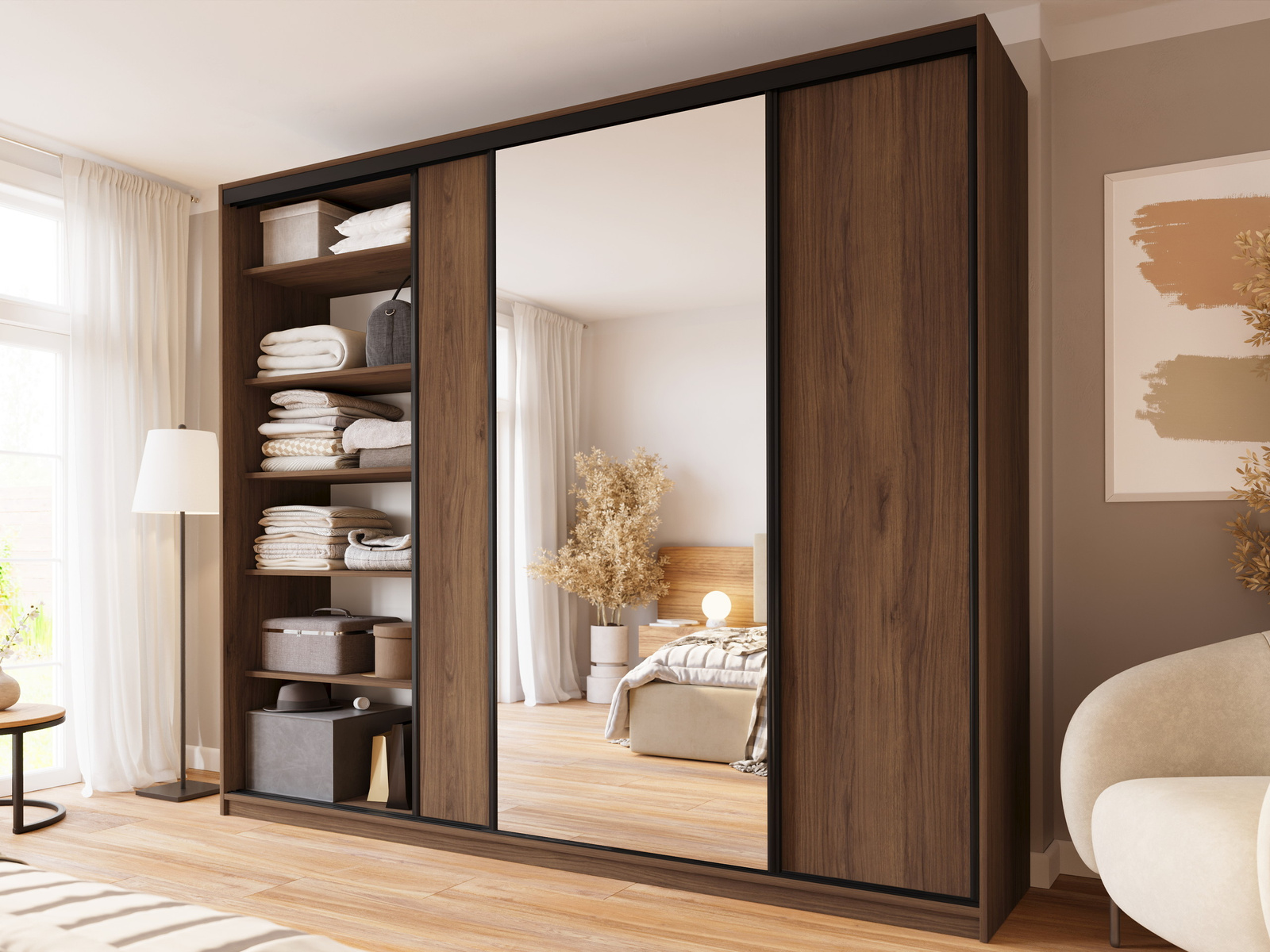 Orzechowa szafa przesuwna z lustrem 280 cm LARGO PLUS