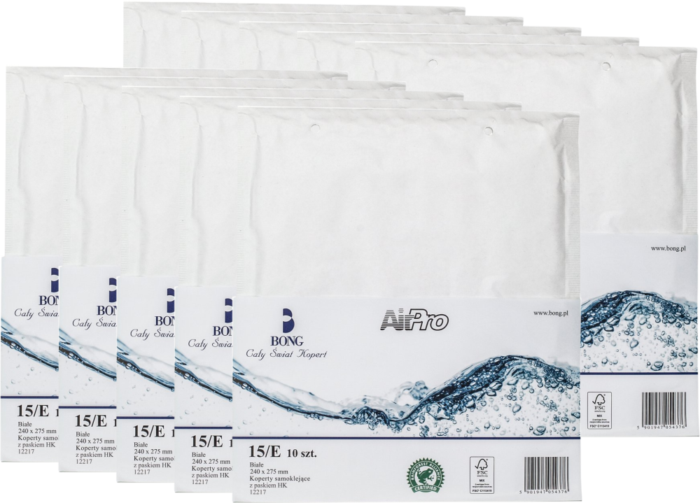 10x Koperta bąbelkowa Bong AirPro, E15, 240x275mm, 10 sztuk, biały