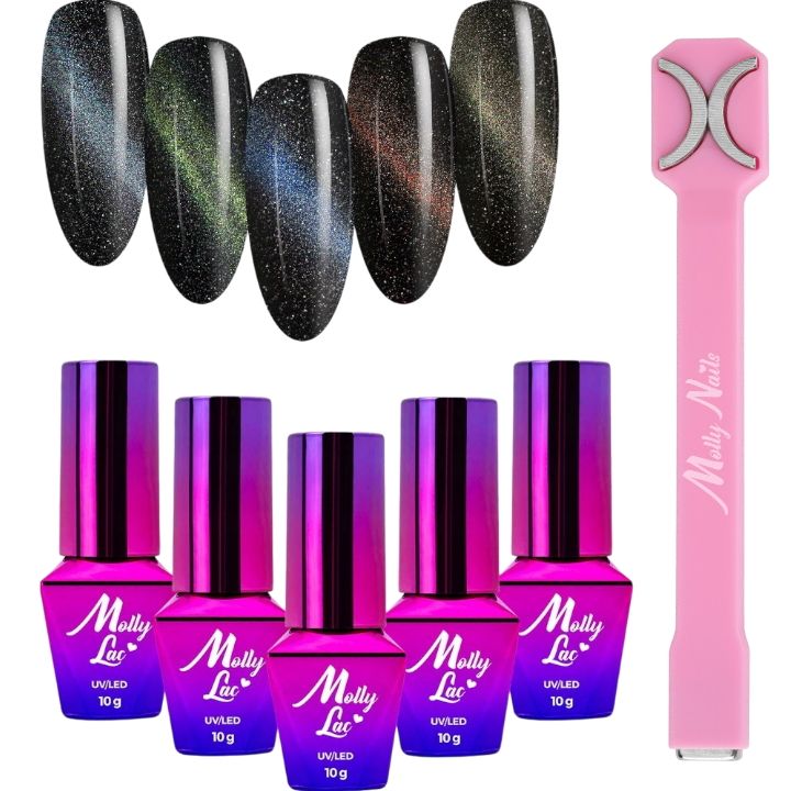 5x Lakier Hybrydowy MOLLYLAC Magnetyczny Cat Eye 10g + Magnetyzer ZESTAW