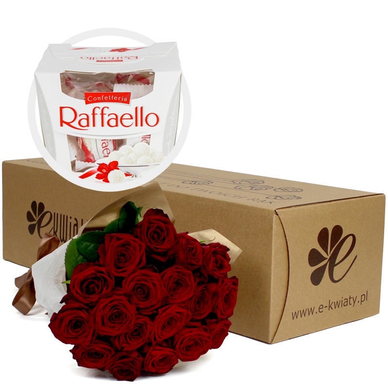 18 czerwonych róż z Raffaello