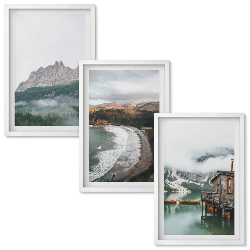 Obrazy do Salonu Wallfluent Górskie plaże drewniany dom Biała rama 40x60 cm 3 szt.
