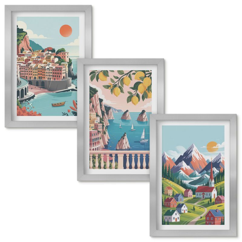 Tryptyk w Ramie Wallfluent Kolorowe góry i miasta Srebrna rama 20x30cm 3 szt.
