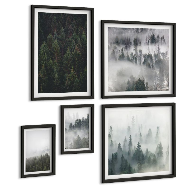 Zestaw Obrazów 5 Częściowy ArtPrintCave (2x50x50+2x20x30+40x60cm) Czarna rama Zielone lasy mglisty krajobraz 1 kpl.