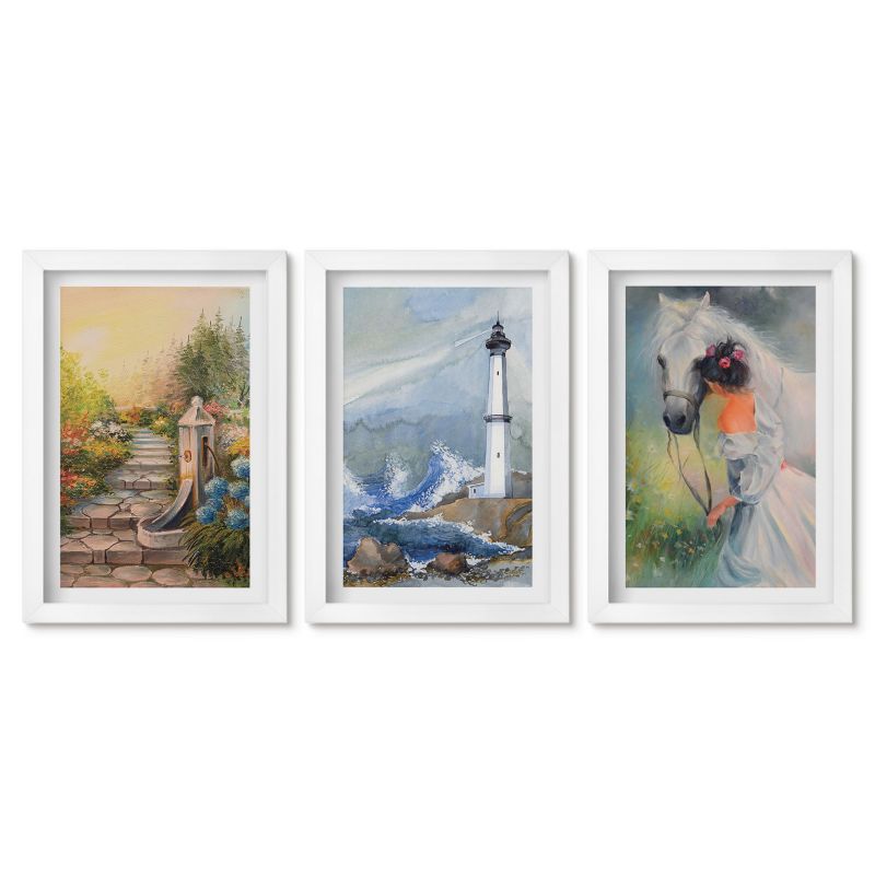 Zestaw 3 obrazów pionowych Tulup 20x30 cm Sceneria latarnia morska koń dziewczyna Obrazy w białej ramie 1 kpl