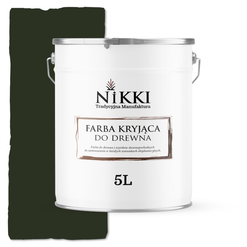 Farba do Drewna Kryjąca na Zewnątrz i Wewnątrz NIKKI Butelkowa Zieleń RAL6007 Satyna 5L