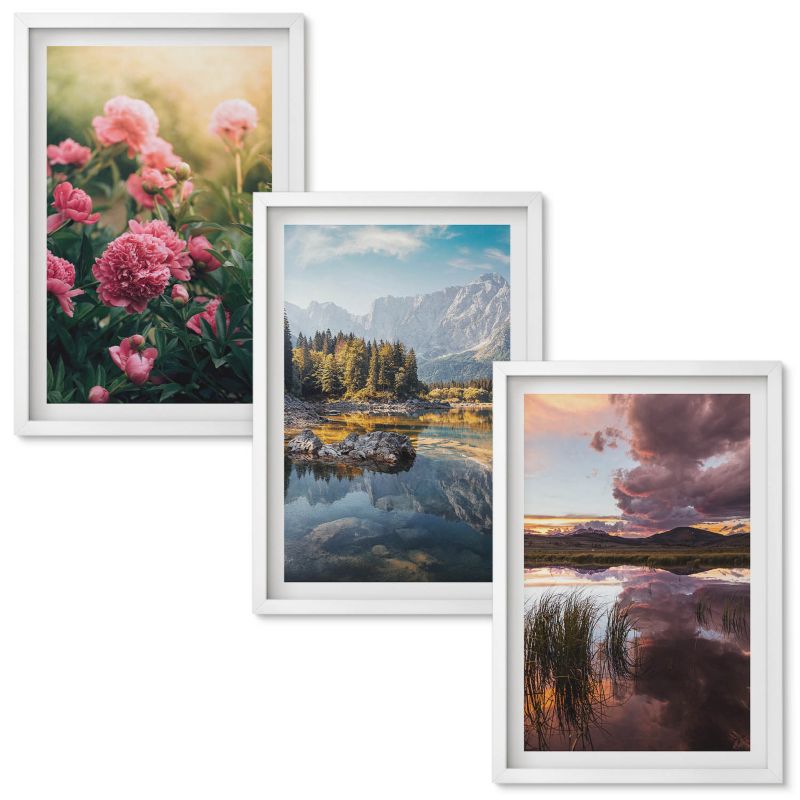 Obrazy Do Sypialni Wallfluent Kwiaty ogród góry woda Biała rama 40x60 cm 3 szt.