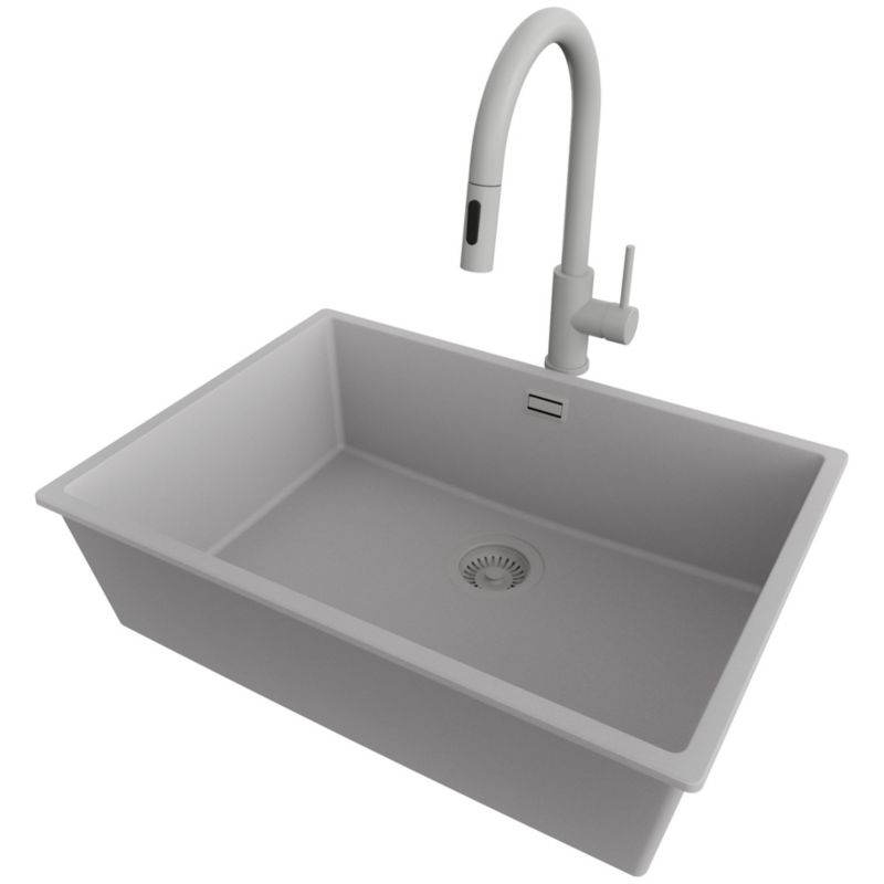 Zlewozmywak podblatowy Londyn PRIMAGRAN 66x47cm do Szafki od 70cm, Cały Szary + Bateria 40x20cm + Syfon, S410, 1 szt.