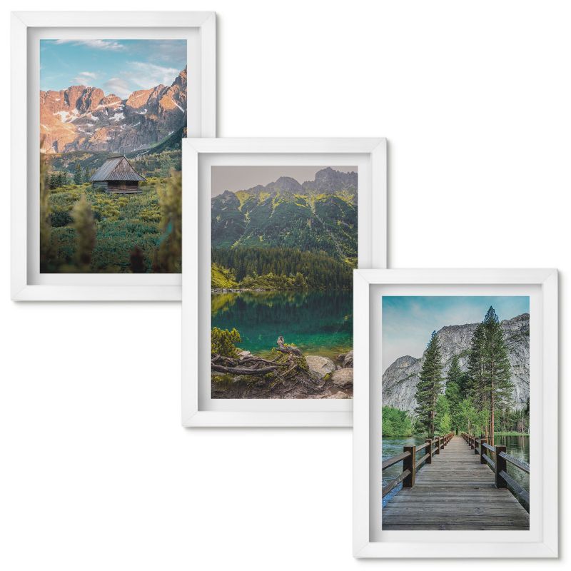 Zestaw obrazów Wallfluent Górski krajobraz jezioro pomost Biała rama 20x30cm 3 szt.