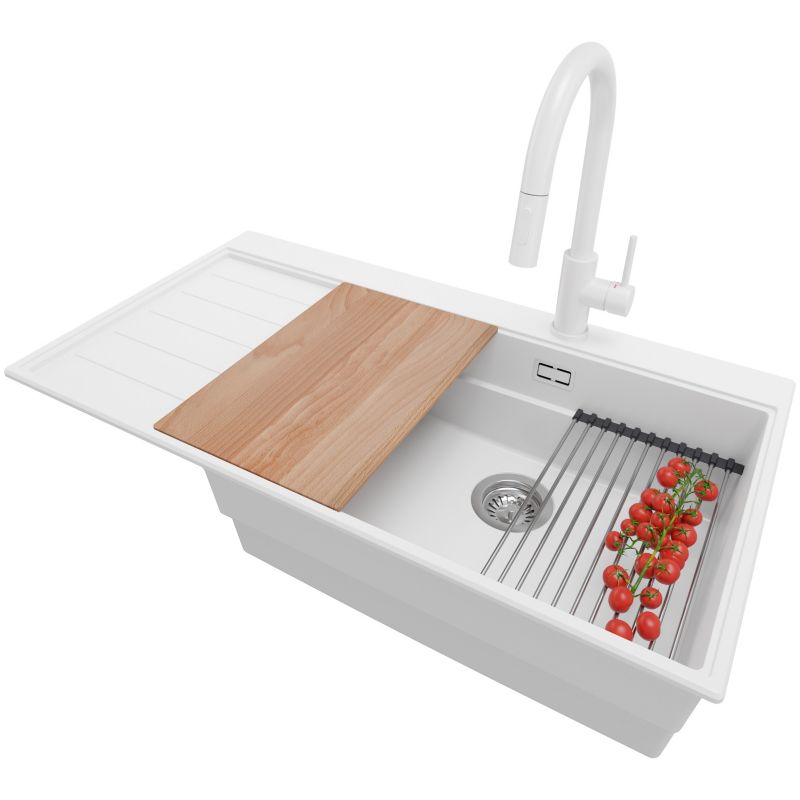Zlewozmywak Granitowy Sydney Ergo PRIMAGRAN Nablatowy 90x50cm do Szafki od 60cm, Biały + Bateria 40x20cm + Syfon, S420, 1 szt.
