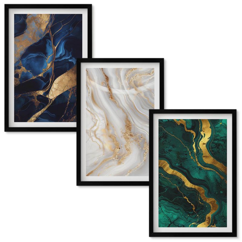 Zestaw obrazów Wallfluent Abstrakcyjne wzory niebieskie zielone Czarna rama 40x60 cm 3 szt.
