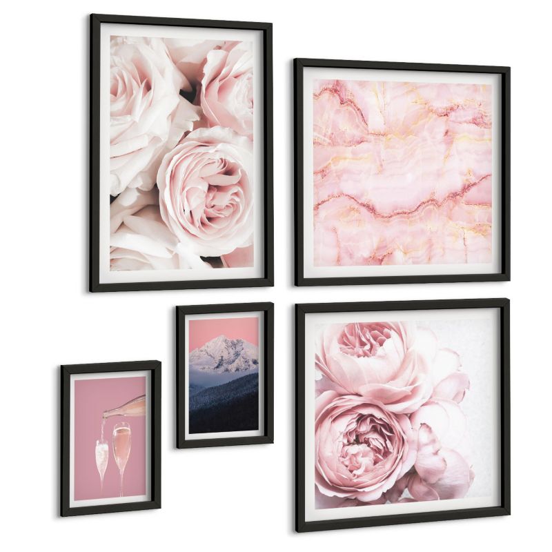 Zestaw 5 Obrazów ArtPrintCave (2x50x50+2x20x30+40x60cm) Czarna rama Róże portret kobiety Eiffla 1 kpl.