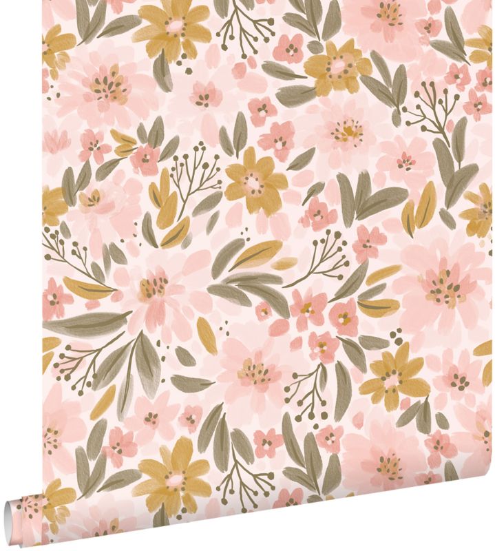 Tapeta ESTAhome kwiaty jasnego różu,ochry żółtejIszaro zielonym 50 x 900 cm - 1 rol.