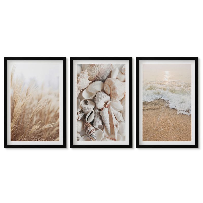 Zestaw 3 obrazów w czarnej ramie Tulup 40x60 cm Plażowe motywy muszle fale Dekoracja ścienna do przedpokoju 1 kpl