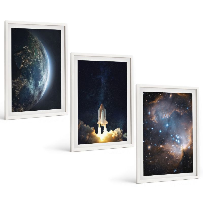 Trzyczęściowy Zestaw Obrazów ArtPrintCave 40x60 cm Biała rama Kosmos Ziemia rakieta galaktyka 1 kpl.