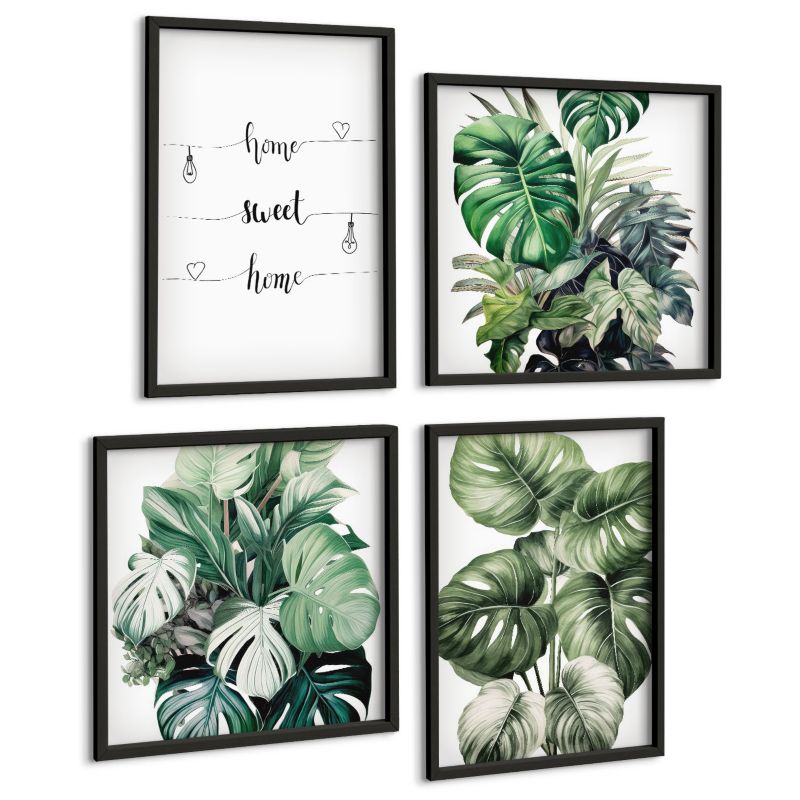 Zestaw Obrazów 4 Częściowy ArtPrintCave (2x50x50+2x40x60cm) Czarna rama Akwarelowe liście monstery 1 kpl.